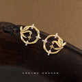 Gold Bamboo Circle Star Drop Stud Earrings CZ Accents view 4