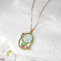 Gold Tone Oval Pressed Flower Frame Pendant Necklaces view 2