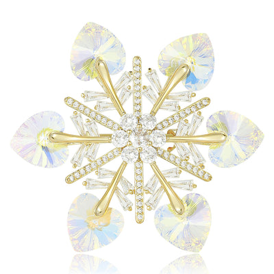 Gold snowflake brooch with AB crystals and clear rhinestones front view