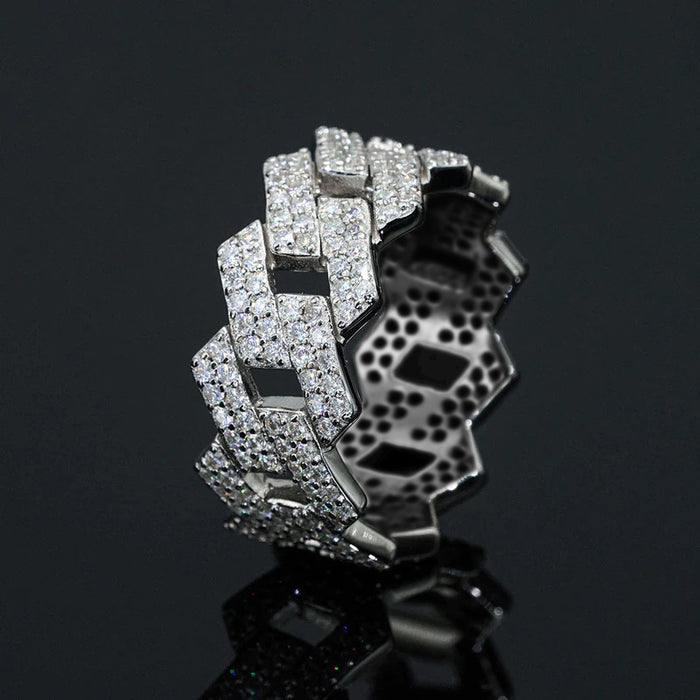 Silver Angular Cuban Link Pavé Finger Ring Sizes 6-10