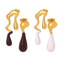 Asymmetric Gold Drip Enamel Drop Earrings White Brown view 5