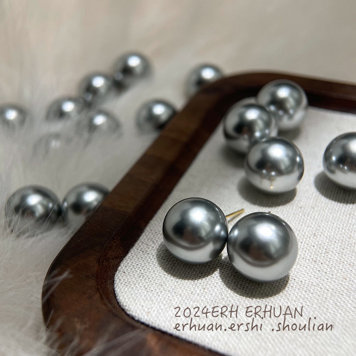Gray Pearl Stud Earrings Gold Tone Post Large Round Pair