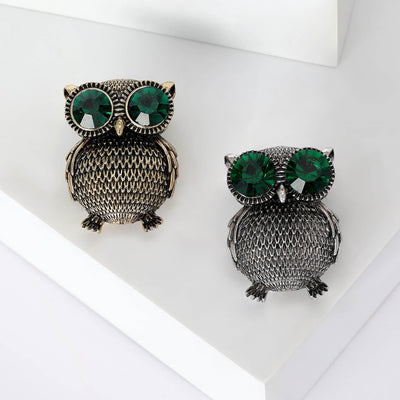 Green Crystal Eye Owl Brooch shown against a white display background