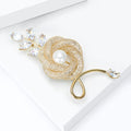 Gold Mesh Rose Brooch Pearl Center Clear Marquise Rhinestones view 4