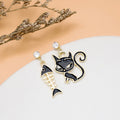Mismatched Black Cat and Fishbone Gold Tone Dangle Earrings view 2