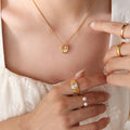 Heart Pendant Necklace Cat Eye Stone Center Gold Steel view 4