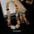Gold Geometric Multicolor Square Crystal Necklace Drop Earrings view 1