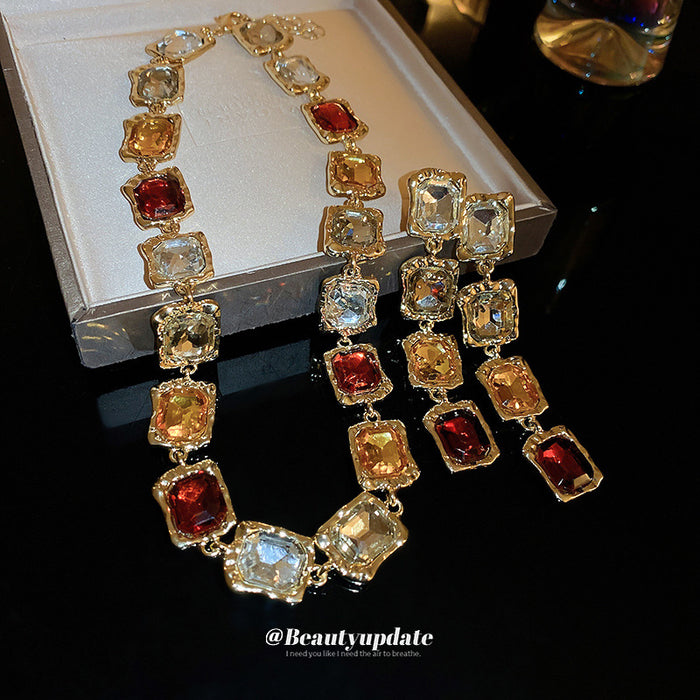 Gold Geometric Multicolor Square Crystal Necklace Drop Earrings