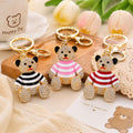 Rhinestone Striped Sweater Bear Keychain Gold Metal Charm view 1