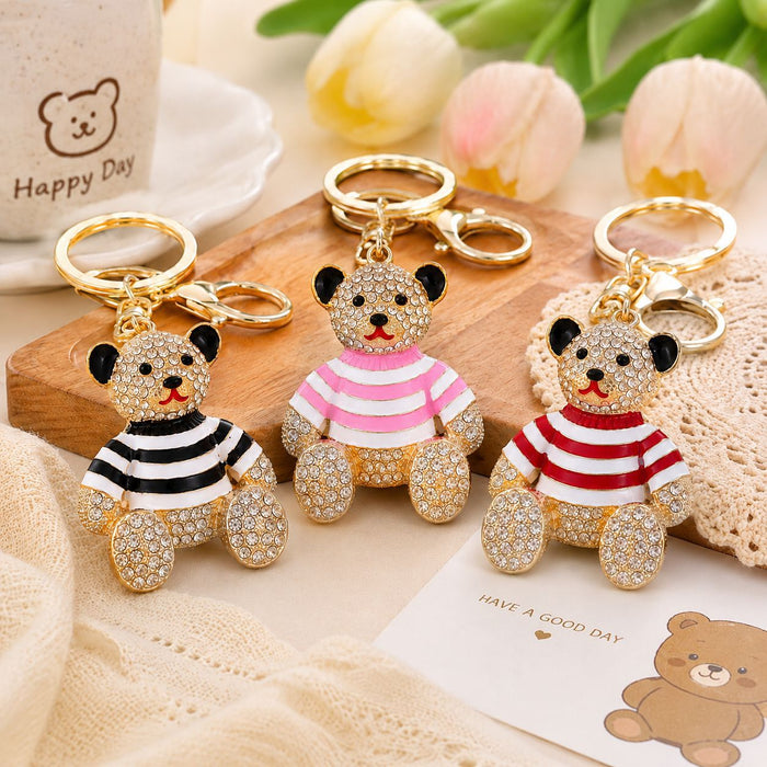 Rhinestone Striped Sweater Bear Keychain Gold Metal Charm