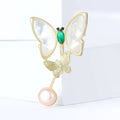 White Shell Butterfly Brooch with Green Crystal and Pearl Drop view 3