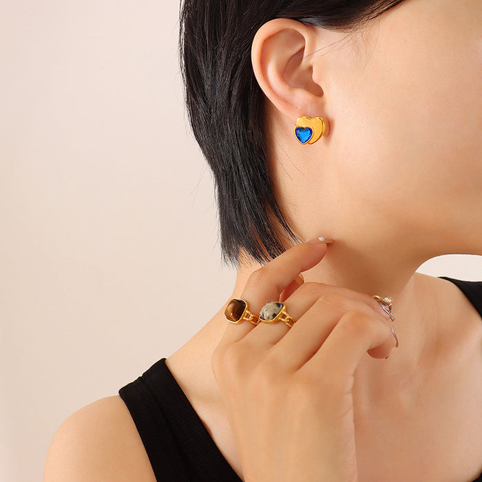Heart Stud Earrings Red or Blue Crystal Gold and Steel