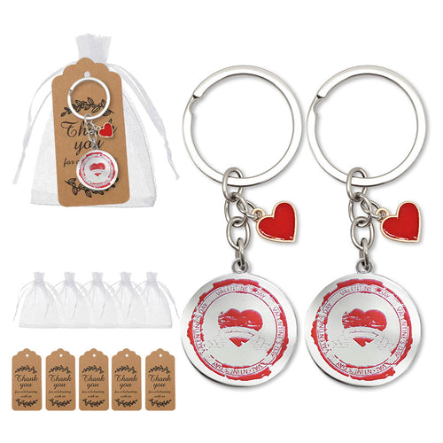 Valentine disc keychains with organza bags and kraft tags