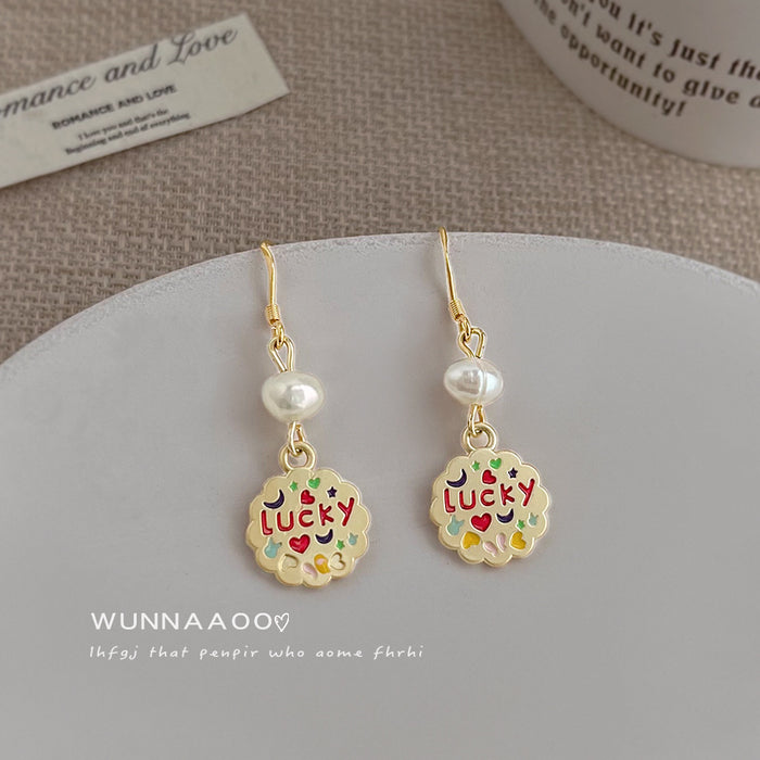 Gold Tone Lucky Enamel Tag Pearl Hook Drop Earrings