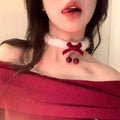 Plush White Collar Necklace With Red Velvet Bow And Cherry Drops view 3