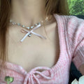 Pink Satin Bow Heart Charm Pearl Crystal Star Necklace view 2