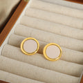 Gold Round Disc Stud Earrings Cream Center Circle Pair view 2
