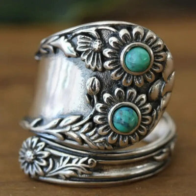 Antique silver sunflower turquoise open adjustable ring front close view
