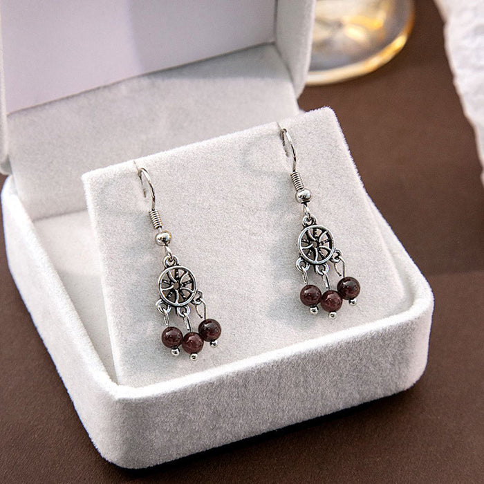 Red and Black Bead Antique Silver Dreamcatcher Hook Earrings