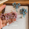 Textile Flower and Pearl Drop Earrings in Blue or Pink view 4