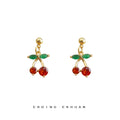 Gold Cherry Drop Stud Earrings Orange Crystal Green Leaf view 3