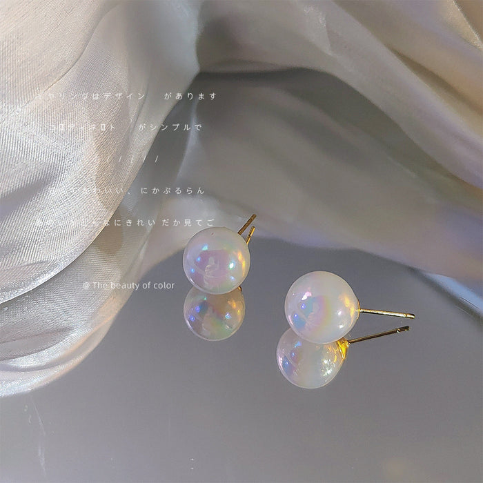 Large Iridescent White Ball Pearl Stud Earrings Pair