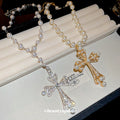 Silver Pearl Bead Rhinestone Hollow Cross Pendant Necklace view 2