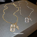 Rhinestone Dog Tag Cross Pendant Necklace Gold Silver Two view 1