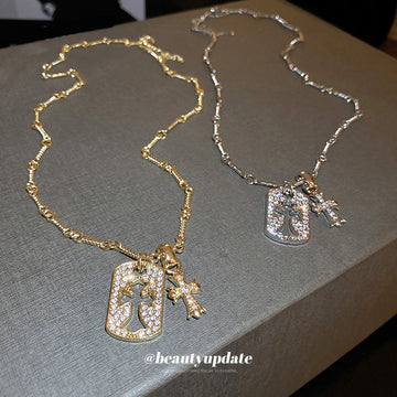 Rhinestone Dog Tag Cross Pendant Necklace Gold Silver Two