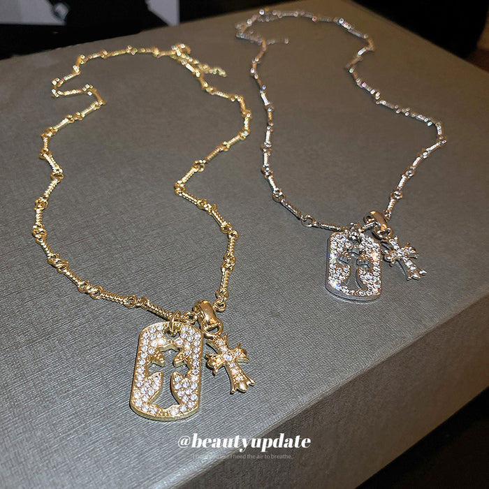Rhinestone Dog Tag Cross Pendant Necklace Gold Silver Two