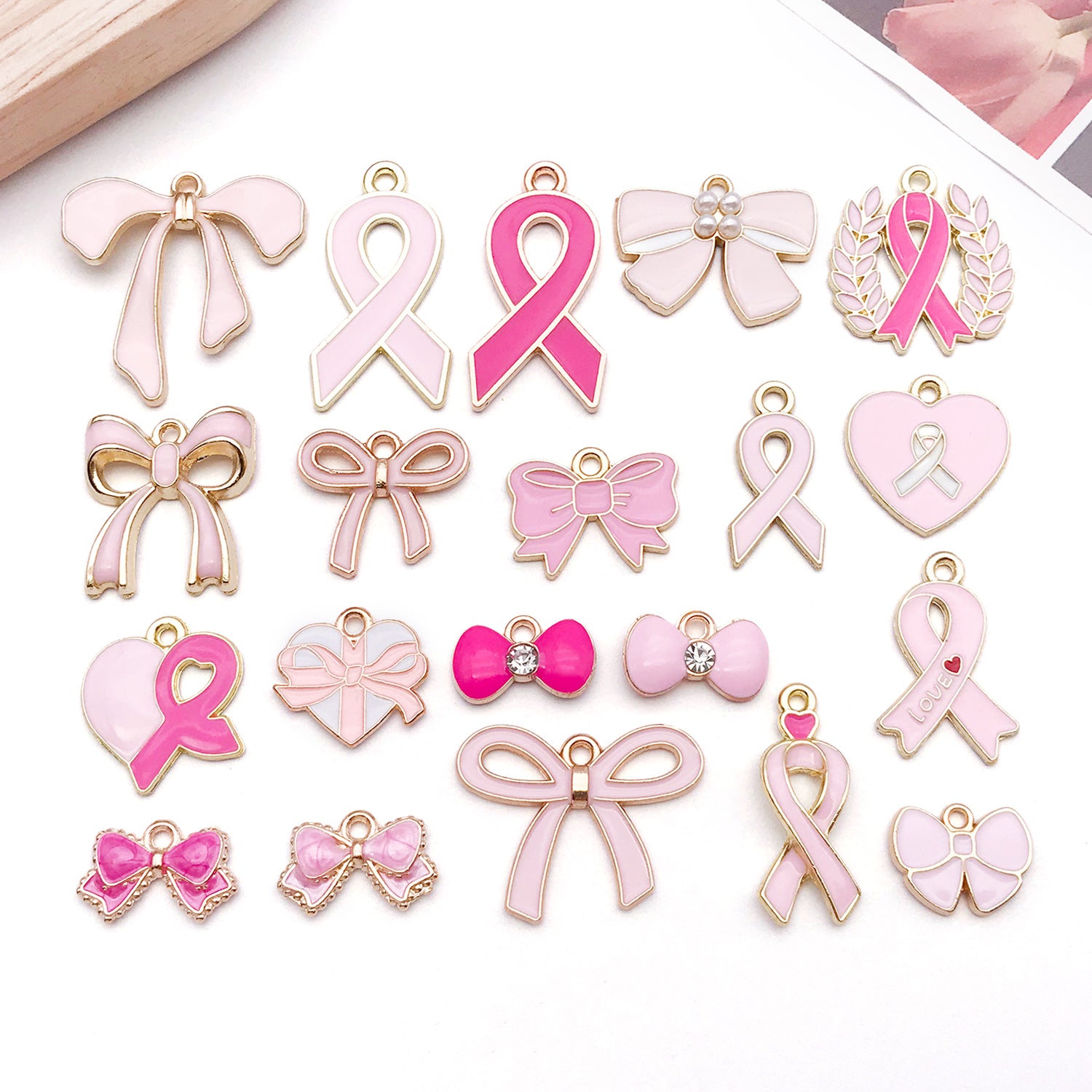Zinc Alloy Enamel Pink Bow Ribbon Butterfly Charm Pendant for Necklace Bracelet Making