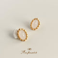 Gold Matte Oval Stud Earrings White Cabochon Beaded Rim view 3