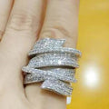 Layered Crystal Leaf Wrap Wide Band Ring in Silver Tone view 3
