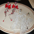 Red and White Bow Feather Tassel Statement Earrings view 2