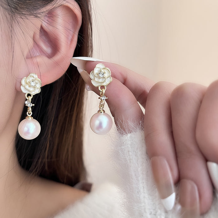 Gold Tone Rose and Pearl Look Ball Dangle Stud Earrings