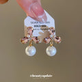 Pink Crystal Flower Drop Earrings with Pearl Look Beads view 3