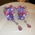 Purple Crystal Flower Cluster Drop Earrings with Polished Metal Accents view 4
