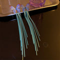 Blue Iridescent Butterfly Long Chain Tassel Earrings view 6