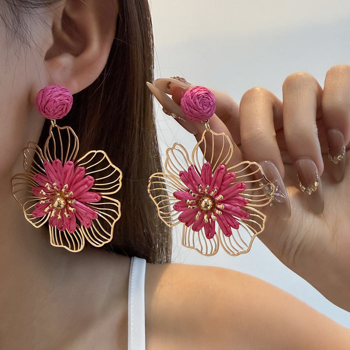 Seven Color Woven Flower and Gold Wire Statement Earrings