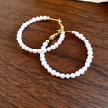White Pearl Beaded Large Hoop Earrings in Gold Tone view 6