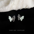 Silver Butterfly Stud Earrings Mint Enamel Crystal Wing view 1