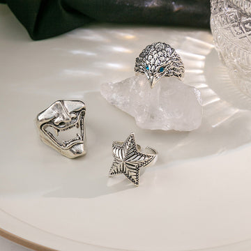 Silver Tone Open Rings Oni Mask Eagle Head Star Motifs