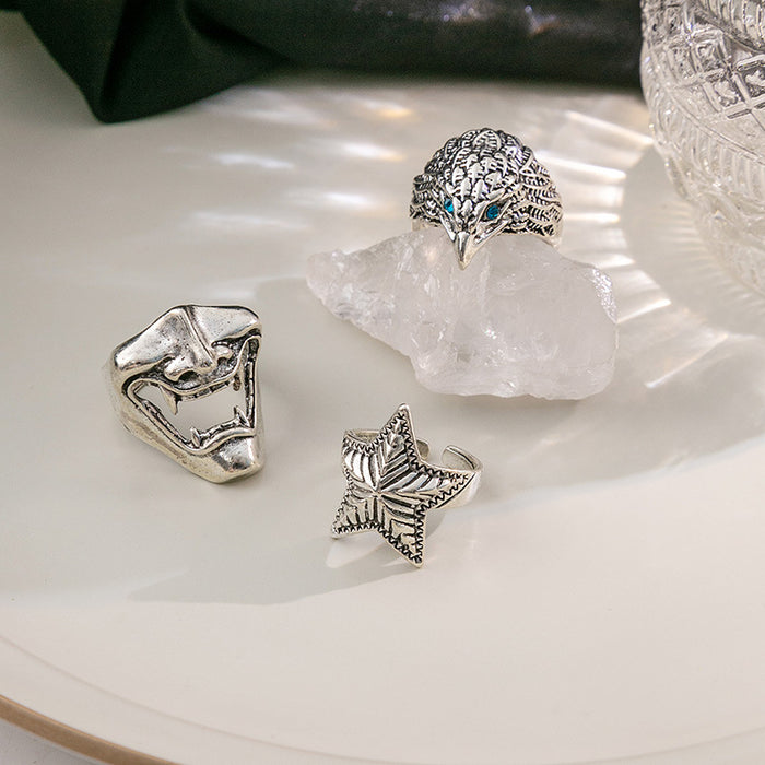 Silver Tone Open Rings Oni Mask Eagle Head Star Motifs