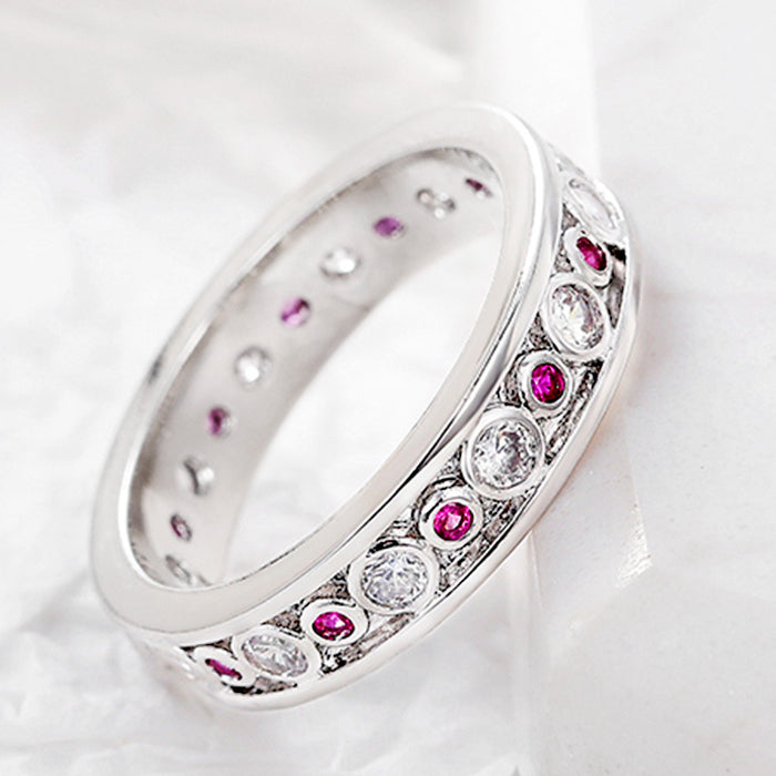 Silver Tone Pink Stone and Scroll Pattern Eternity Band Ring