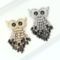 Crystal Owl Brooch with Beaded Fringe in Gold or Silver Tone view 3