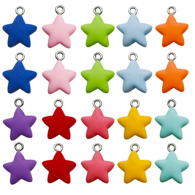 Multicolor star charms arranged on a light background