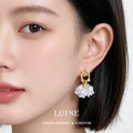 Gold Tone Square Top White Resin Petal Cluster Drop Earrings view 2