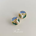 Gold Round Enamel Landscape Stud Earrings Pearl Leaf Accents view 1