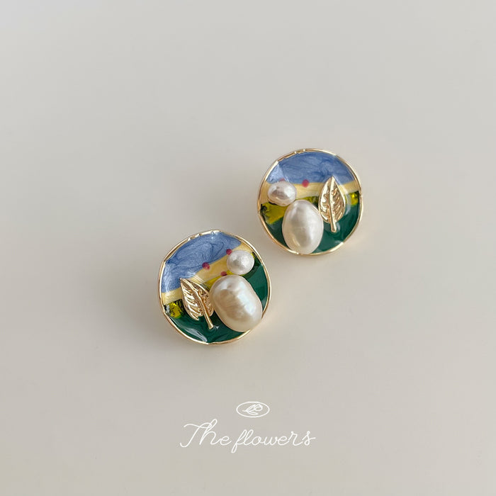 Gold Round Enamel Landscape Stud Earrings Pearl Leaf Accents