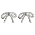 Silver Tone Clear Stone Ribbon Bow Stud Earrings With Pave Finish view 5